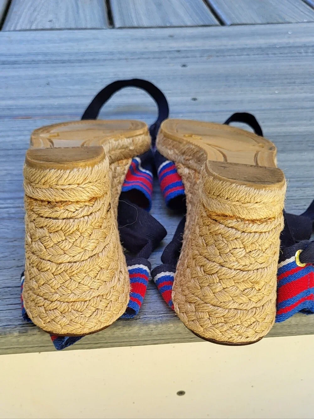 Tory Burch Stripe Wedge Espadrille Ribbon Tie Sandal